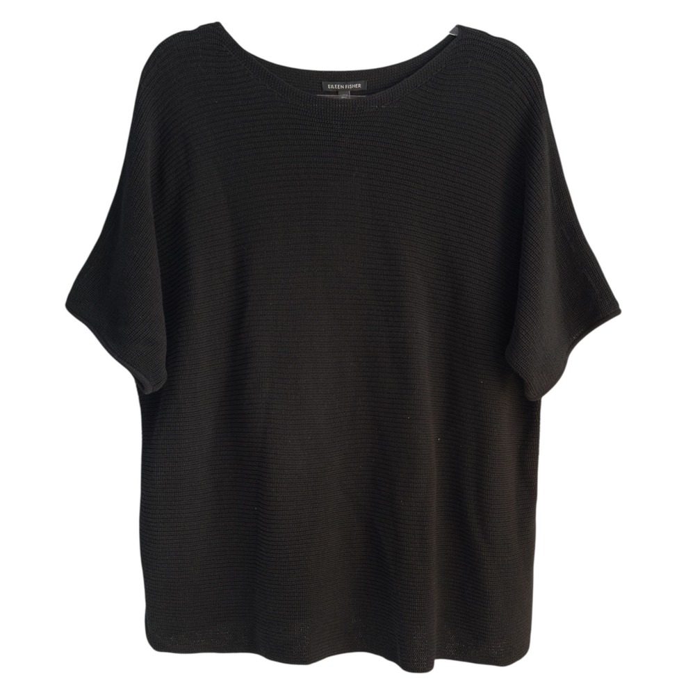 Eileen Fisher XL‎ Black Peruvian Organic Cotton Crepe Bateau Neck Top Knit NWT